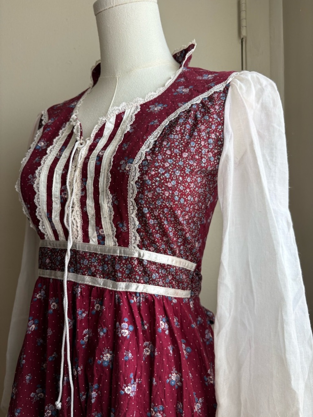 gunne sax 70s vintage maroon floral prairie long sleeve dress - Picture 2 of 8